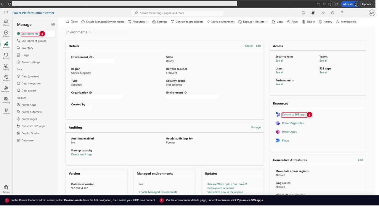 Power Platform Admin Center environment details page with Environments highlighted in the left navigation and Dynamics 365 apps highlighted in the Resources panel.