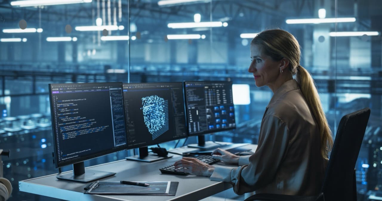 Developer working on AI model in high-tech data center