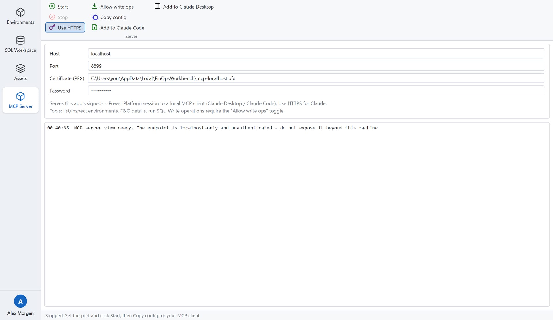 FinOps Workbench MCP Server page with one-click buttons to register the server with Claude Code and Claude Desktop (sample data).