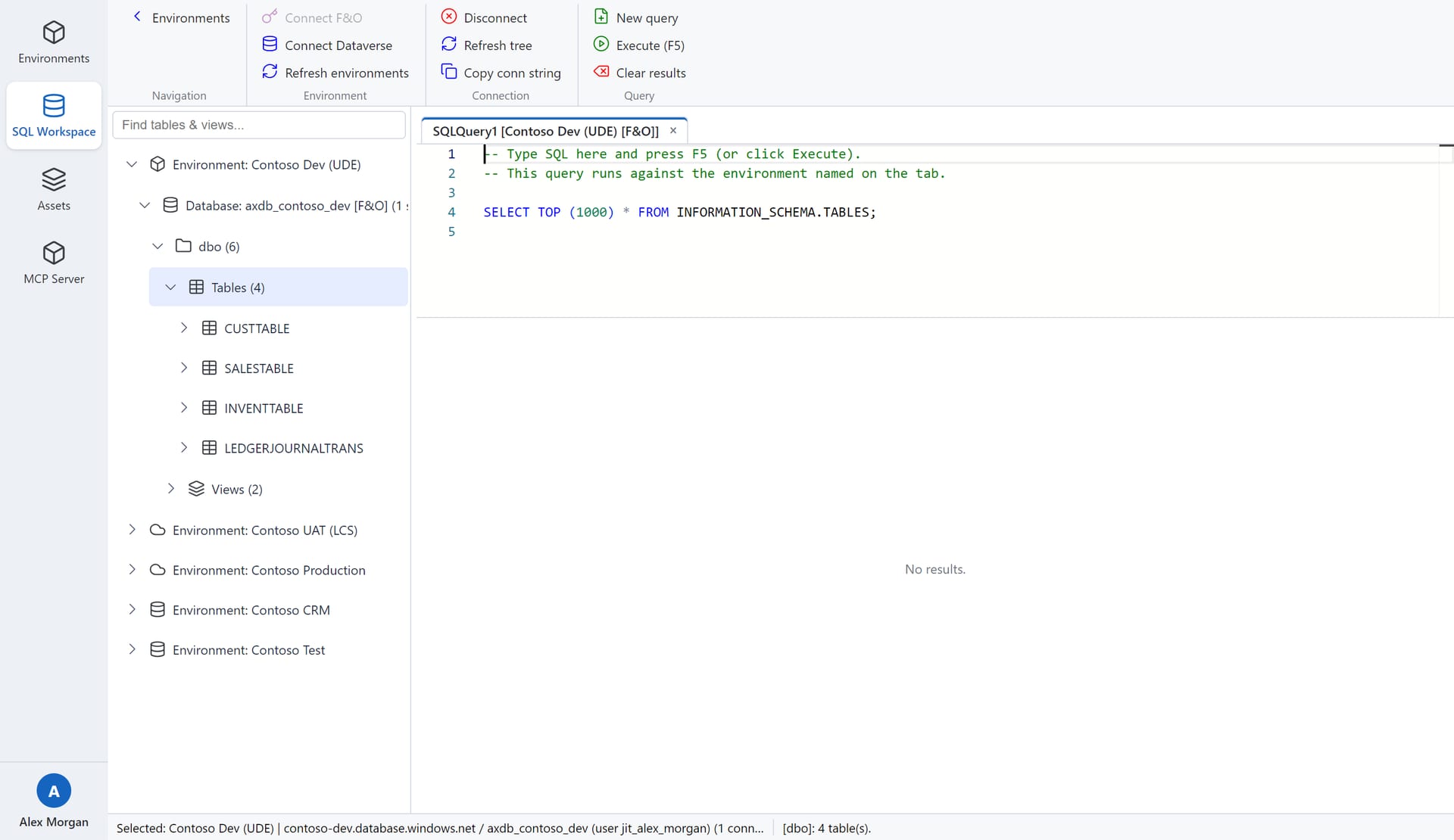 FinOps Workbench SQL Workspace with an object tree, query editor and results grid (sample data).
