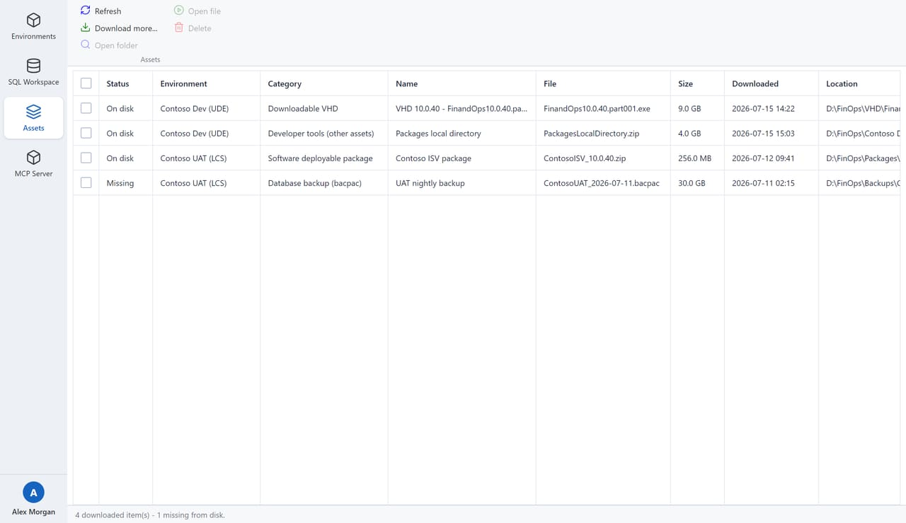 The Assets page listing downloaded developer artefacts with status, environment, category, file, size and location columns.