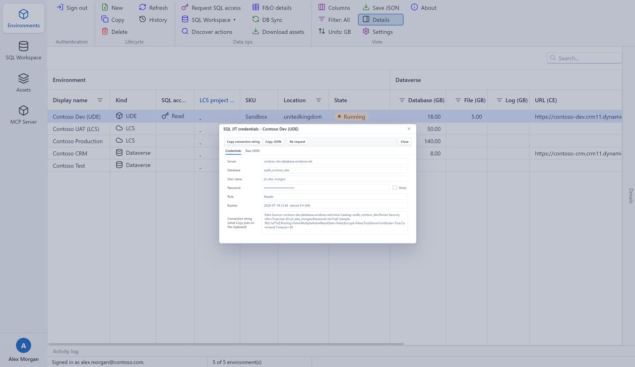The SQL JIT credentials viewer showing server, database, user, masked password, role and expiry, plus a ready-to-use connection string.