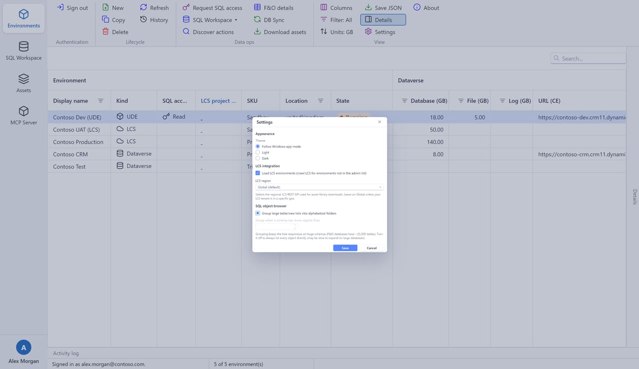The Settings dialog with theme, Load LCS environments, LCS region and SQL object browser options.