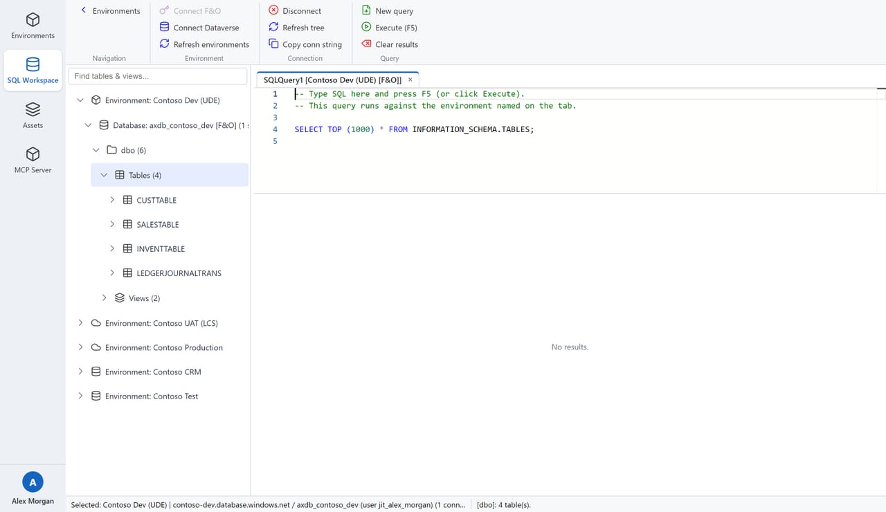 The SQL Workspace with an object browser tree on the left, a SQL editor with a sample query, and a results grid.